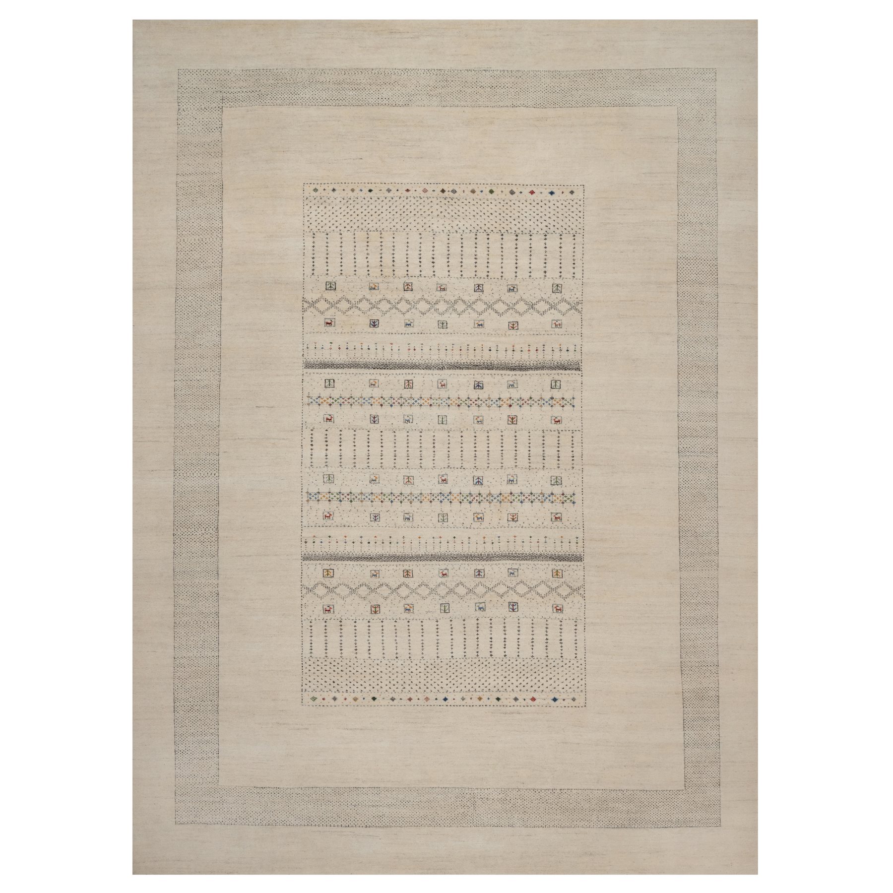 Parchment White, Lori Buft Gabbeh with Small Animal Figurines, Modern, Soft Wool, Hand Knotted, Thick and Plush, Oriental Rug